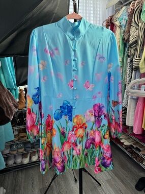 Bright Floral Mandarin Button Mini Dress - Aqua